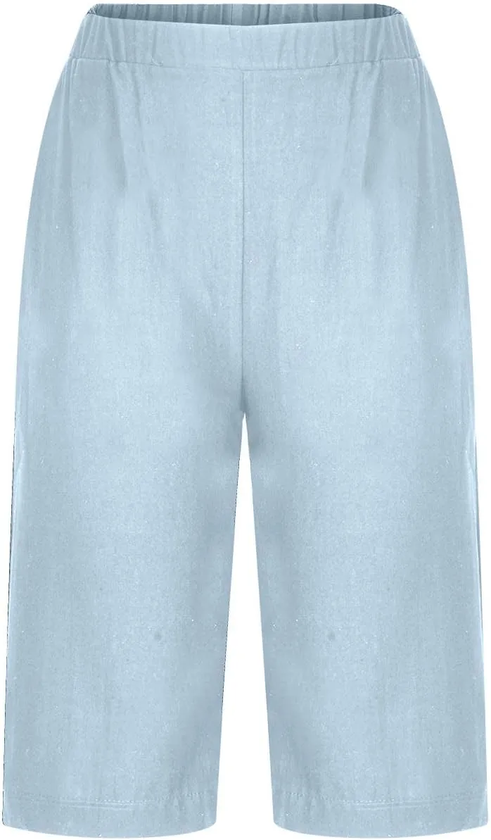 2025 Cotton Linen Pants Women Summer Elastic Waist Crop Pants Plus Size Straight Leg Slacks Trousers with Pockets