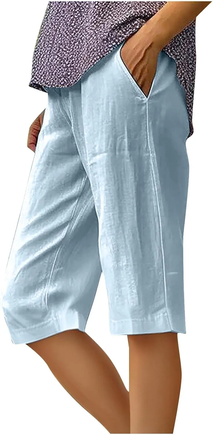 2025 Cotton Linen Pants Women Summer Elastic Waist Crop Pants Plus Size Straight Leg Slacks Trousers with Pockets
