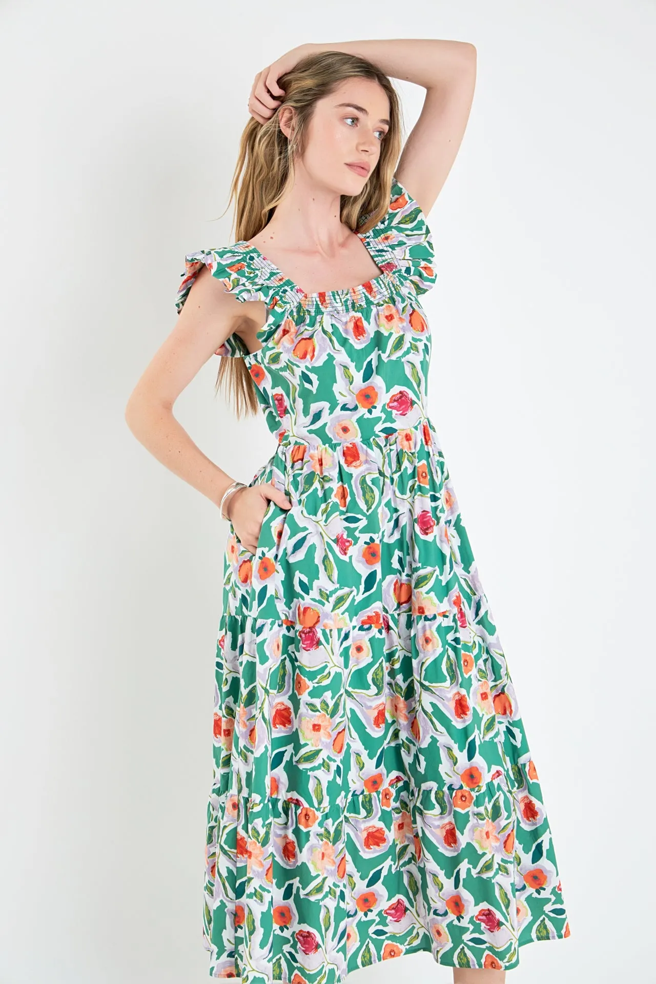 Back Bow Floral Midi Dress