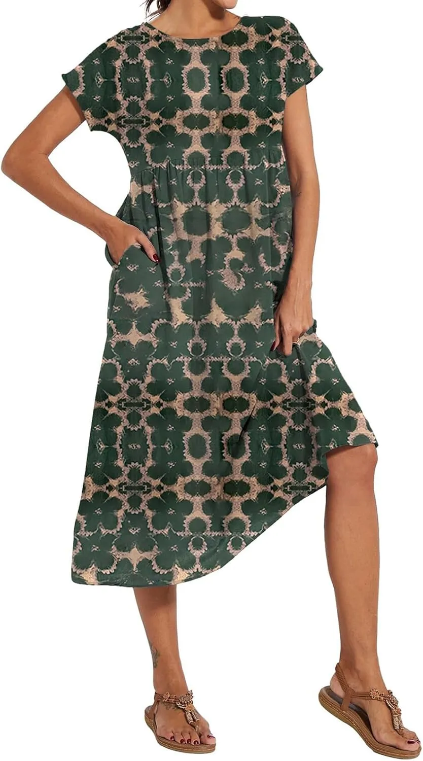 Baggy Crew Neck Dress for Women Cotton Linen Short Sleeve Tunic Midi Dresses Summer Casual Comfy Beach Dress Pockets