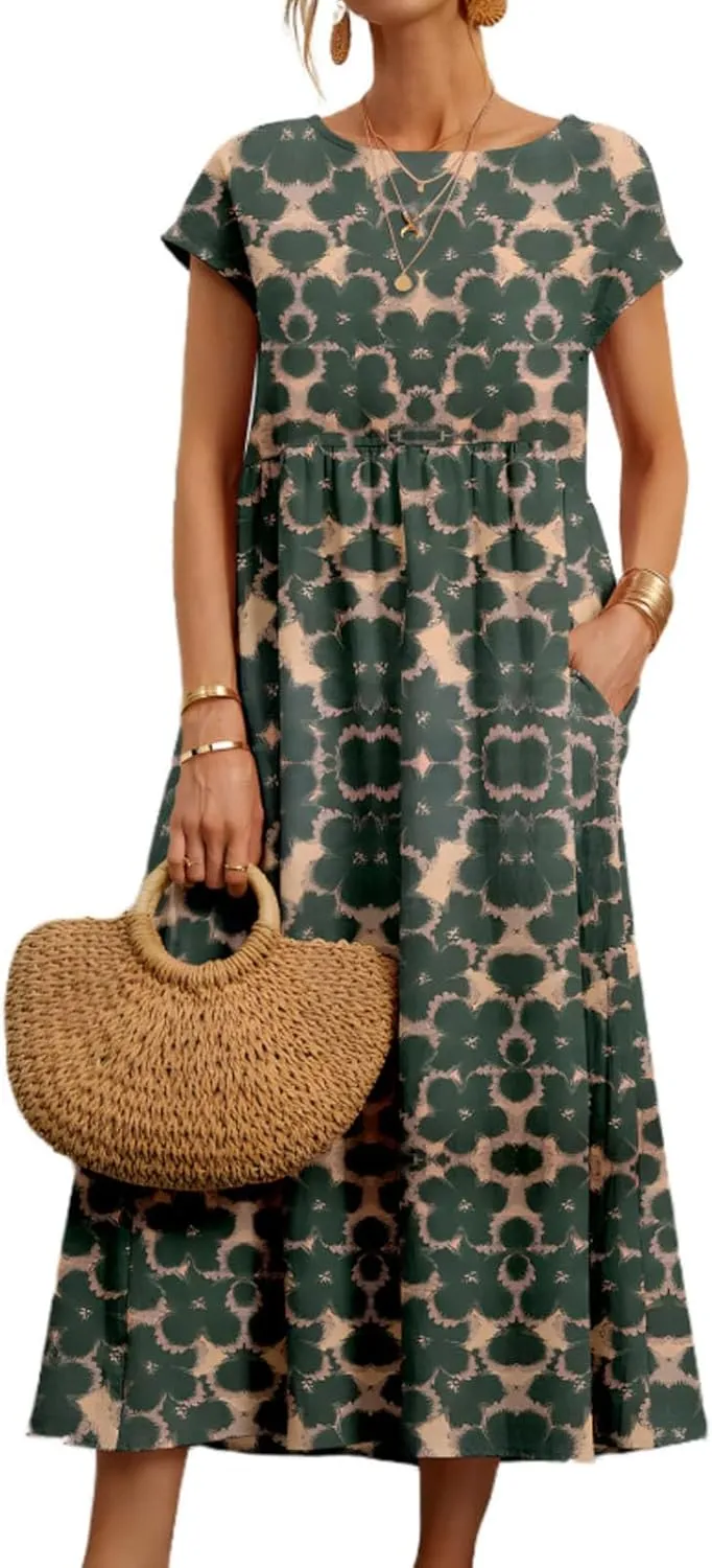 Baggy Crew Neck Dress for Women Cotton Linen Short Sleeve Tunic Midi Dresses Summer Casual Comfy Beach Dress Pockets