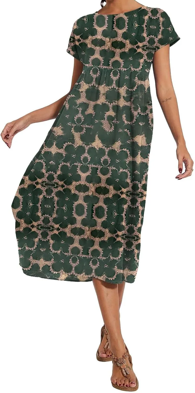 Baggy Crew Neck Dress for Women Cotton Linen Short Sleeve Tunic Midi Dresses Summer Casual Comfy Beach Dress Pockets