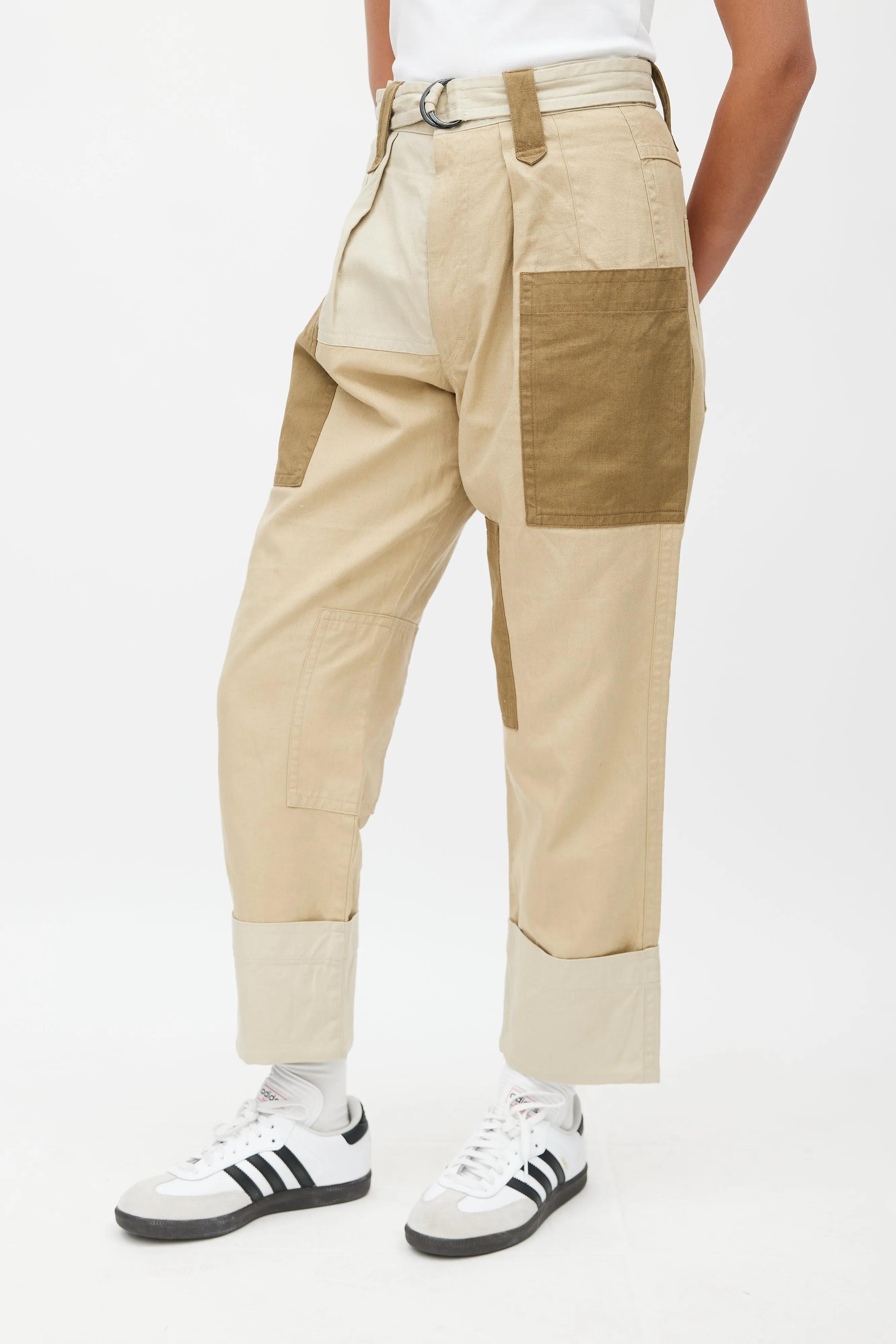 Beige & Multicolour Patched Belted Trouser