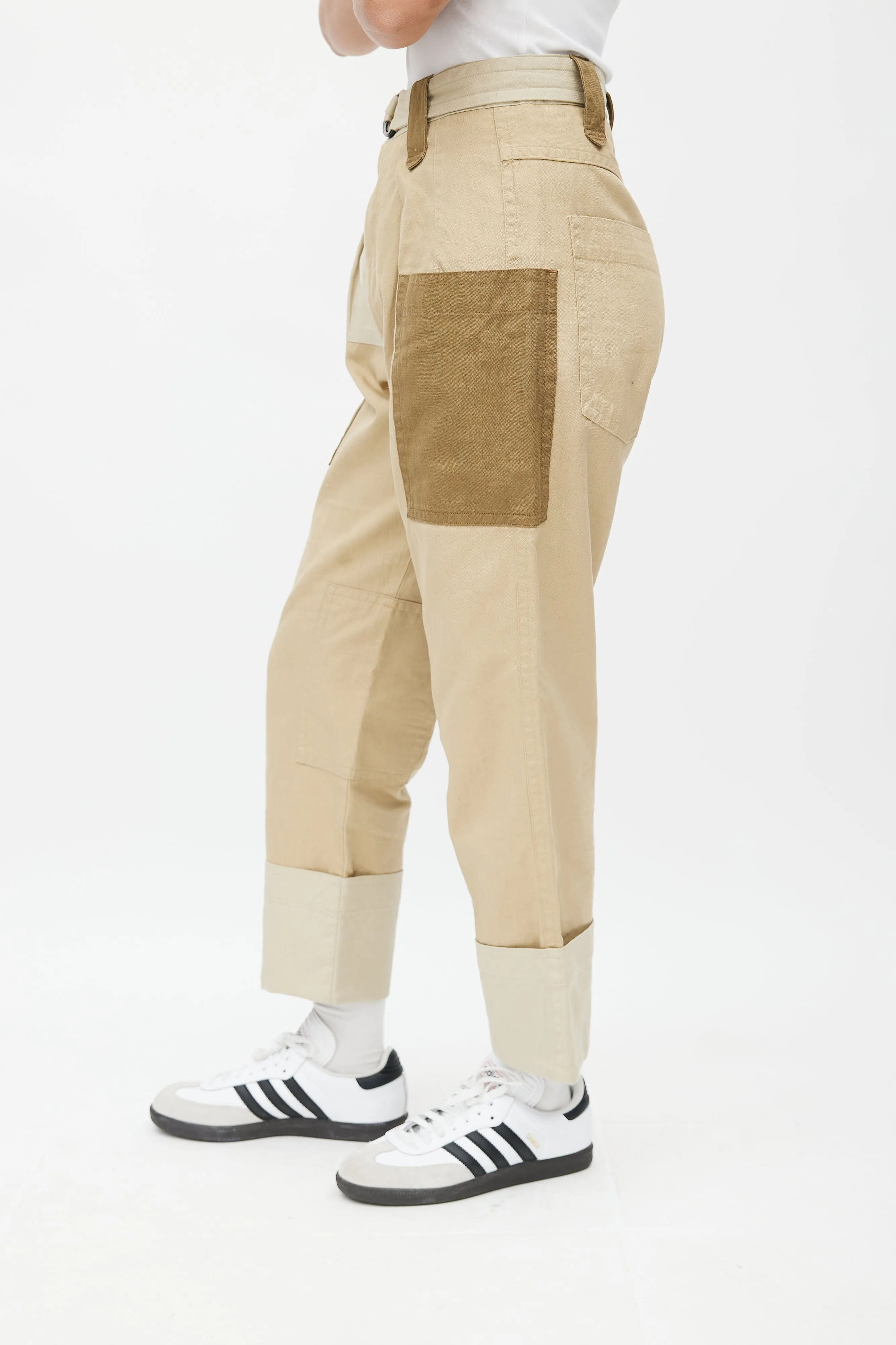 Beige & Multicolour Patched Belted Trouser