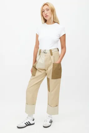 Beige & Multicolour Patched Belted Trouser