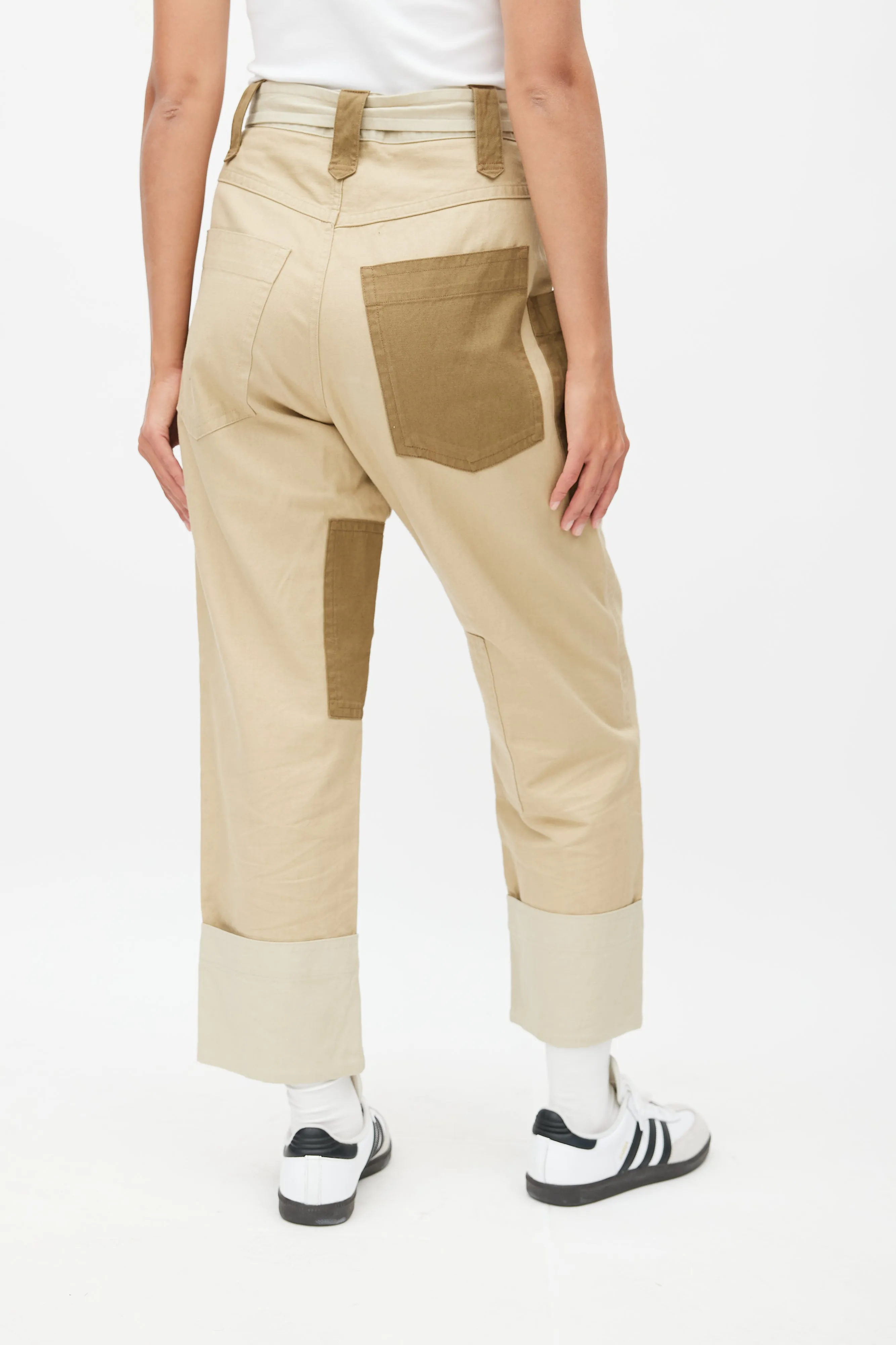 Beige & Multicolour Patched Belted Trouser