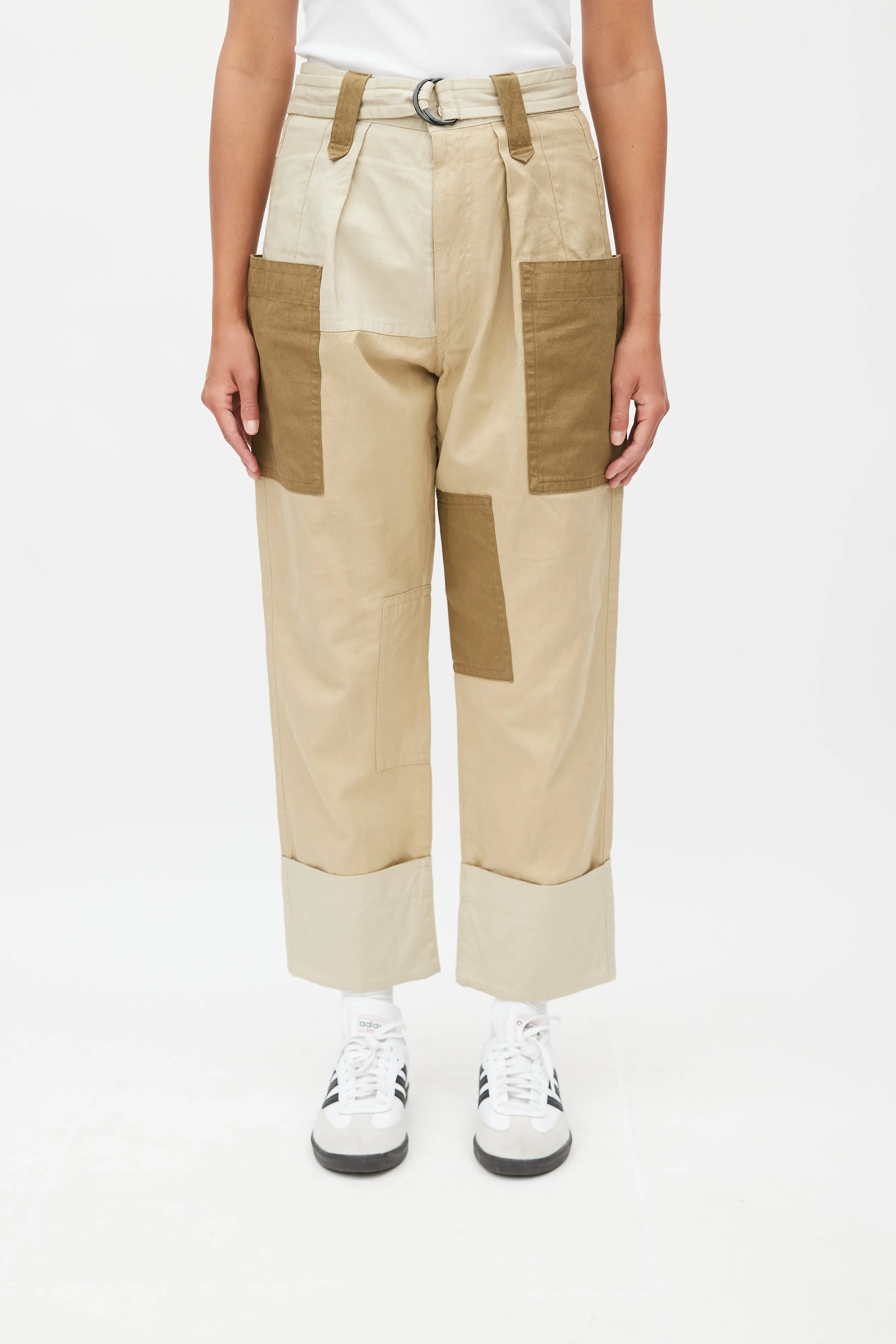 Beige & Multicolour Patched Belted Trouser