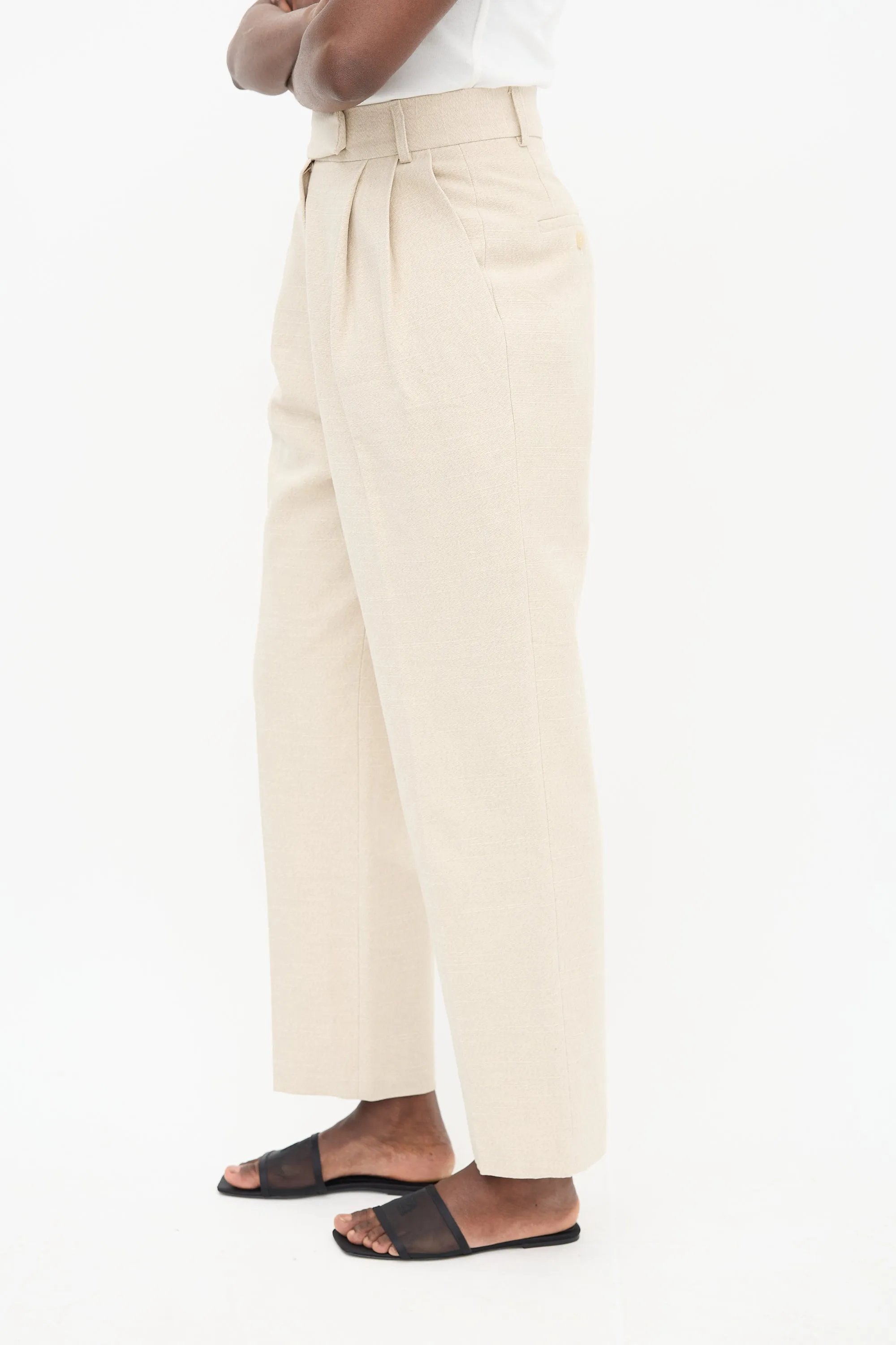 Beige Linen Pace Pleated Trouser