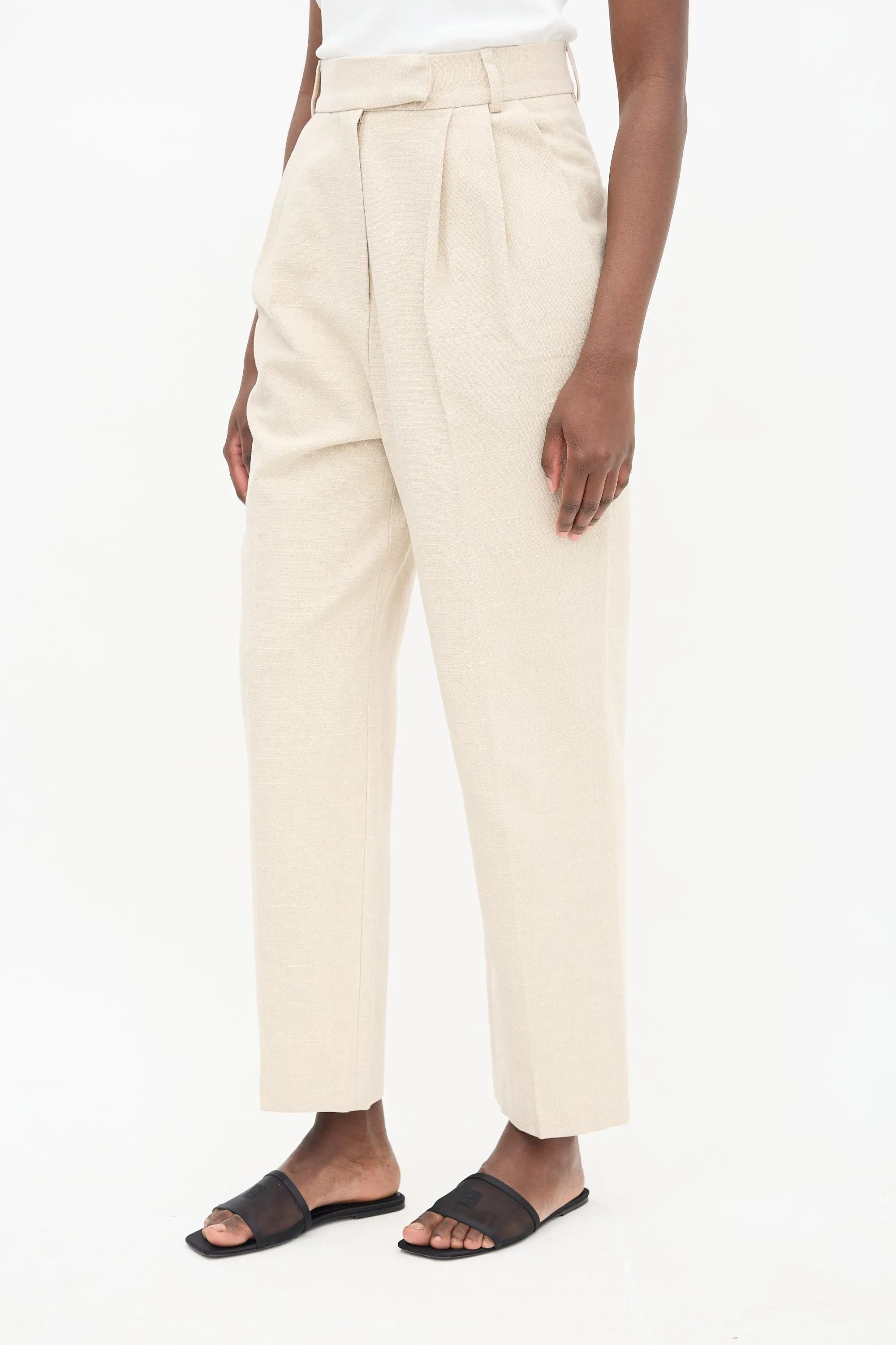 Beige Linen Pace Pleated Trouser