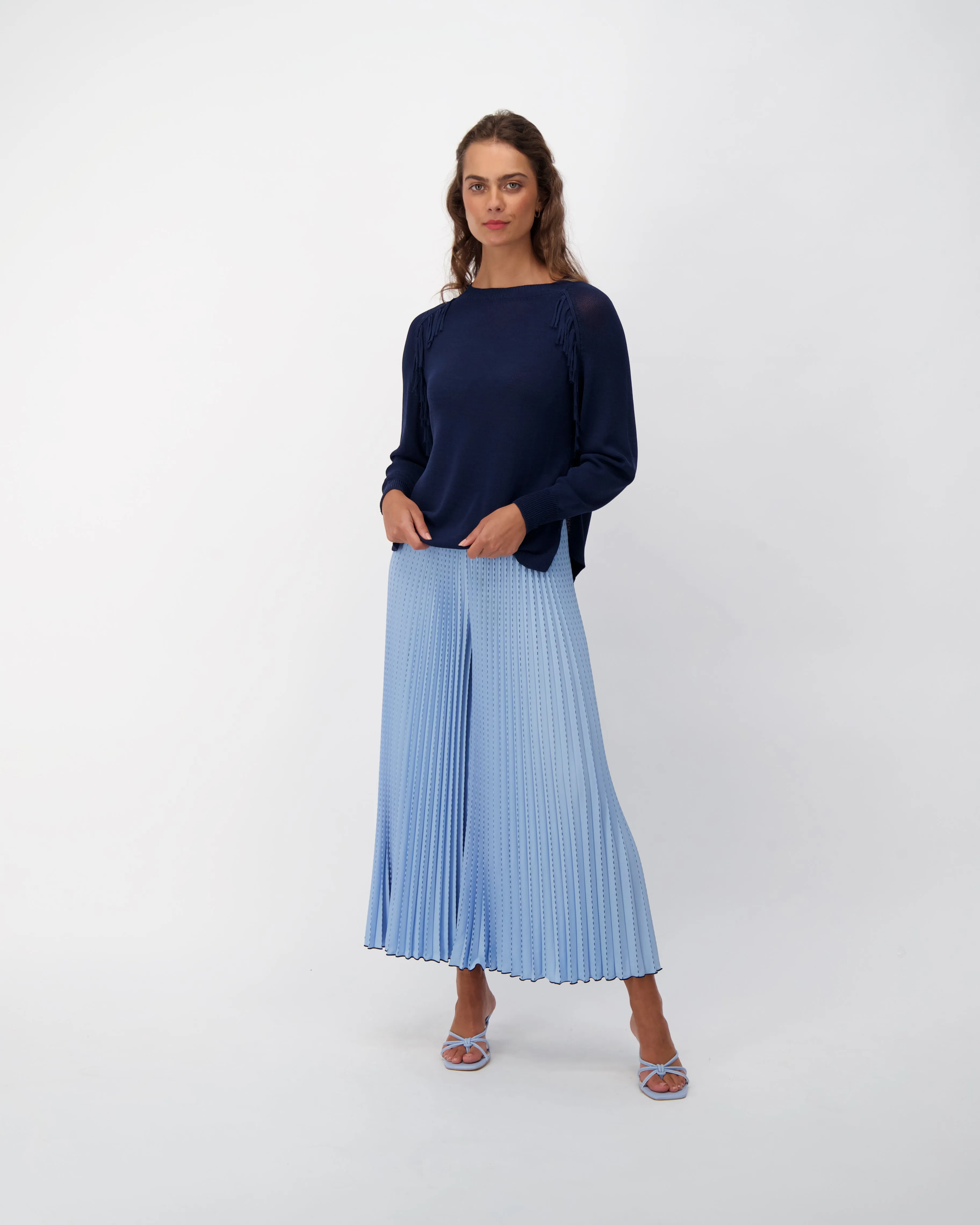 Blue Plisse Pleated Wide Leg Palazzo Pant