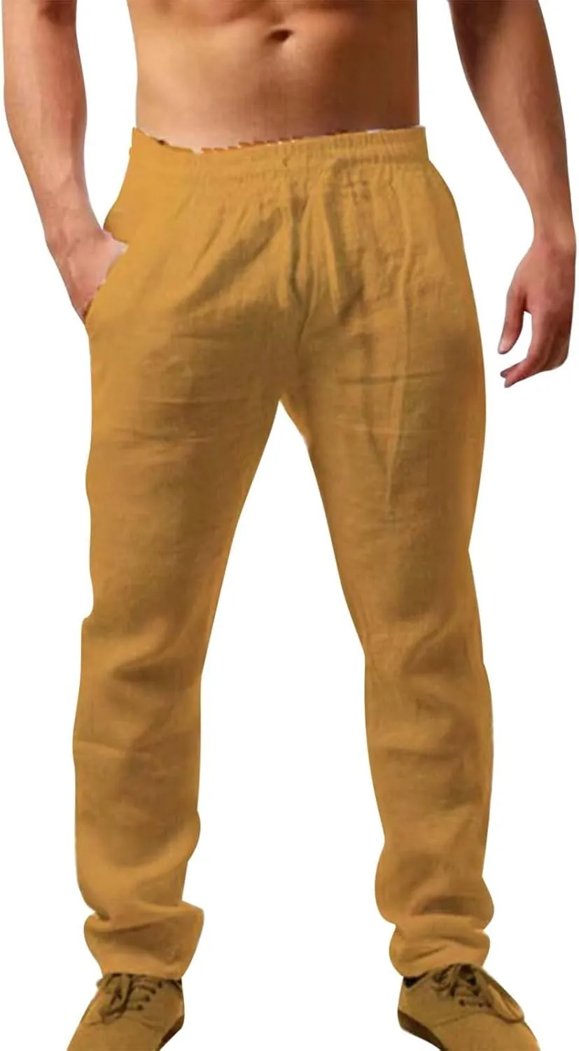 Casual Linen Pants Men Summer Lightweight Yoga Beach Pant Drawstring Elastic Waist Loose Straight Leg Lounge Trousers