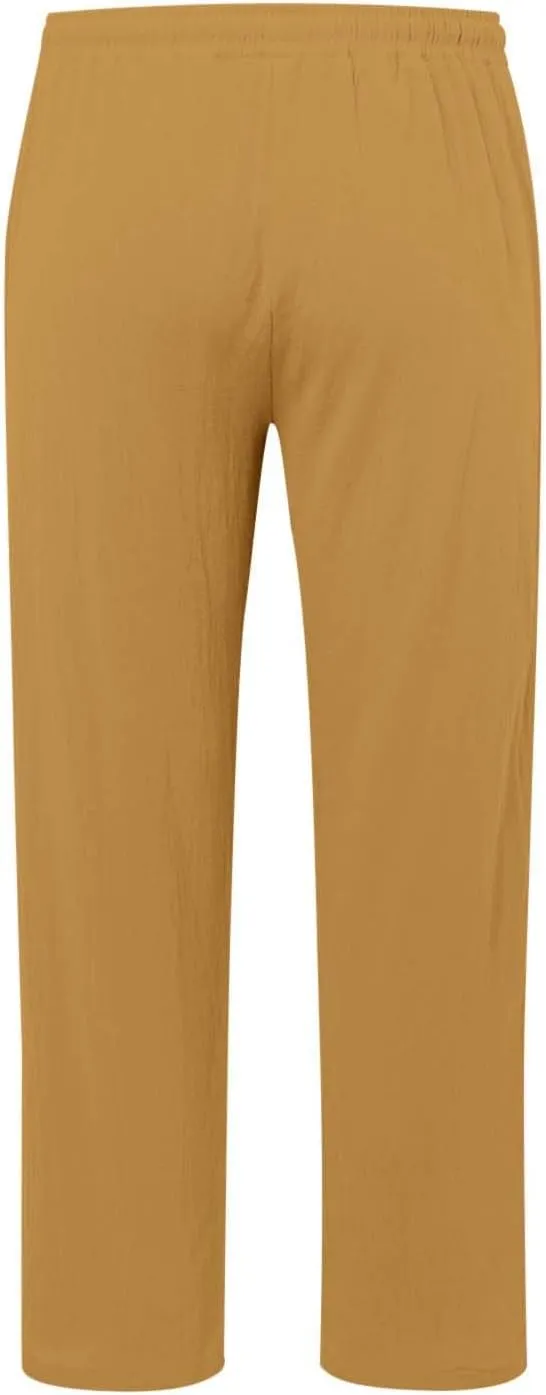 Casual Linen Pants Men Summer Lightweight Yoga Beach Pant Drawstring Elastic Waist Loose Straight Leg Lounge Trousers