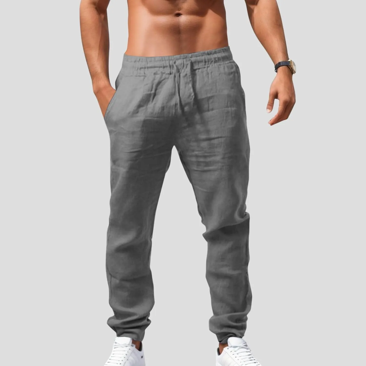 Casual Linen Pants Men Summer Lightweight Yoga Beach Pant Drawstring Elastic Waist Loose Straight Leg Lounge Trousers