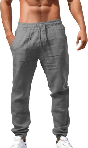 Casual Linen Pants Men Summer Lightweight Yoga Beach Pant Drawstring Elastic Waist Loose Straight Leg Lounge Trousers