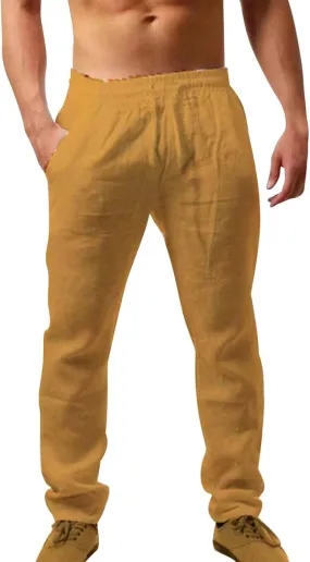 Casual Linen Pants Men Summer Lightweight Yoga Beach Pant Drawstring Elastic Waist Loose Straight Leg Lounge Trousers