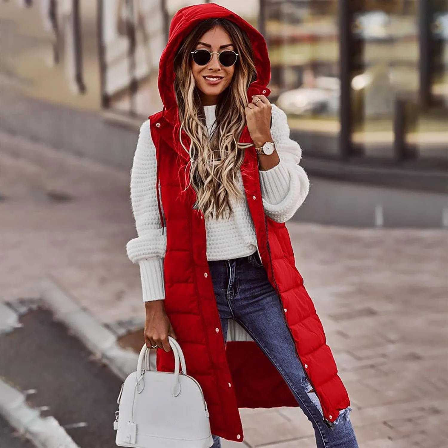 COTECRAM Puffer Vest Women Fashion Plus Size Sleeveless Winter Coats Zip Up Hoodie Casual Long Puffer Jacket Warm Outerwear