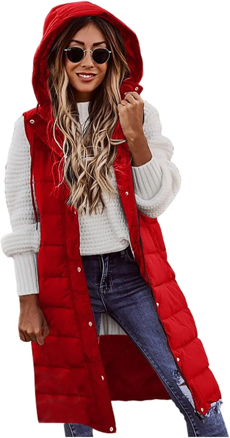 COTECRAM Puffer Vest Women Fashion Plus Size Sleeveless Winter Coats Zip Up Hoodie Casual Long Puffer Jacket Warm Outerwear