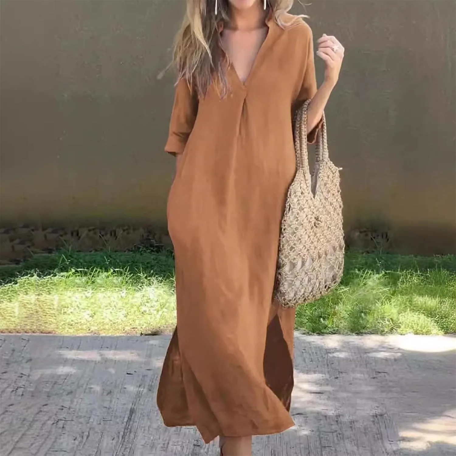 Cotton Linen Dress Women Summer Maxi Dresses V Neck Long Tshirt Dress V Neck Short Sleeve Side Slit A Line Sundress