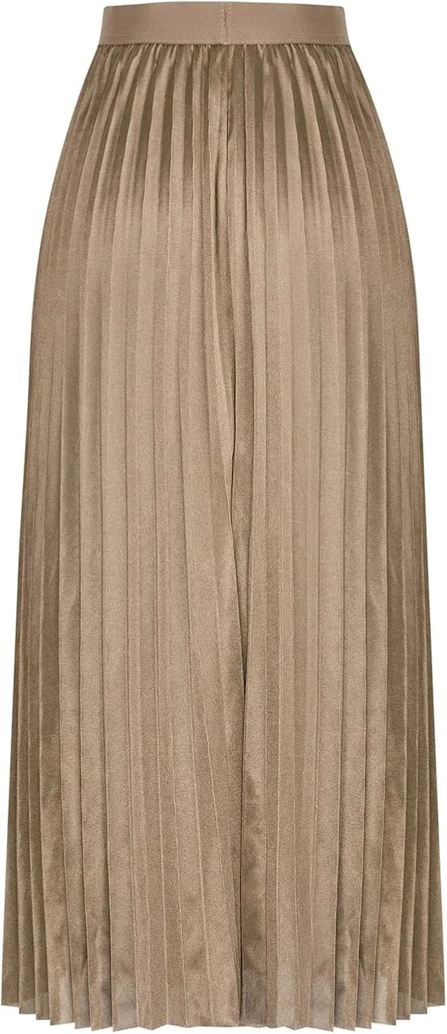 DDAPJ pyju Women's Pleated Maxi Skirt Satin Metallic Accordion Skirts Plus Size Casual High Waist Flowy A-Line Long Skirt