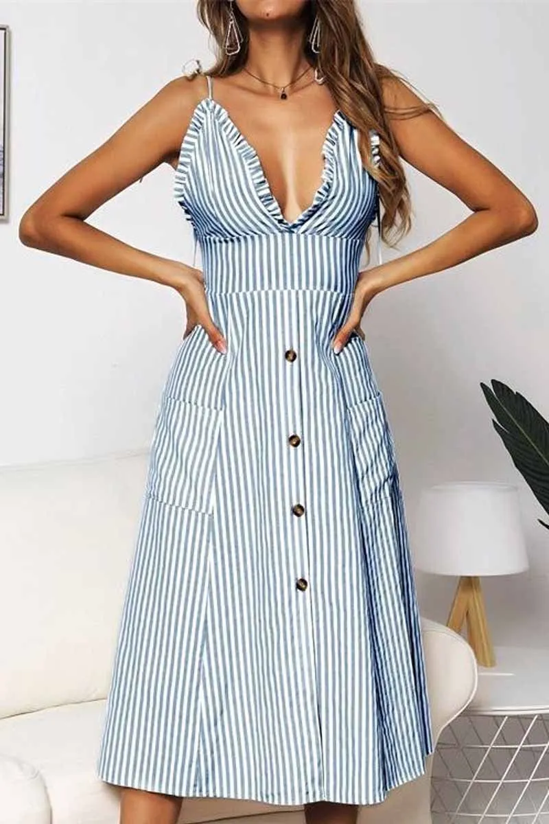 Dunnmall Deep V Neck Button Design Printed Sleeveless Dress