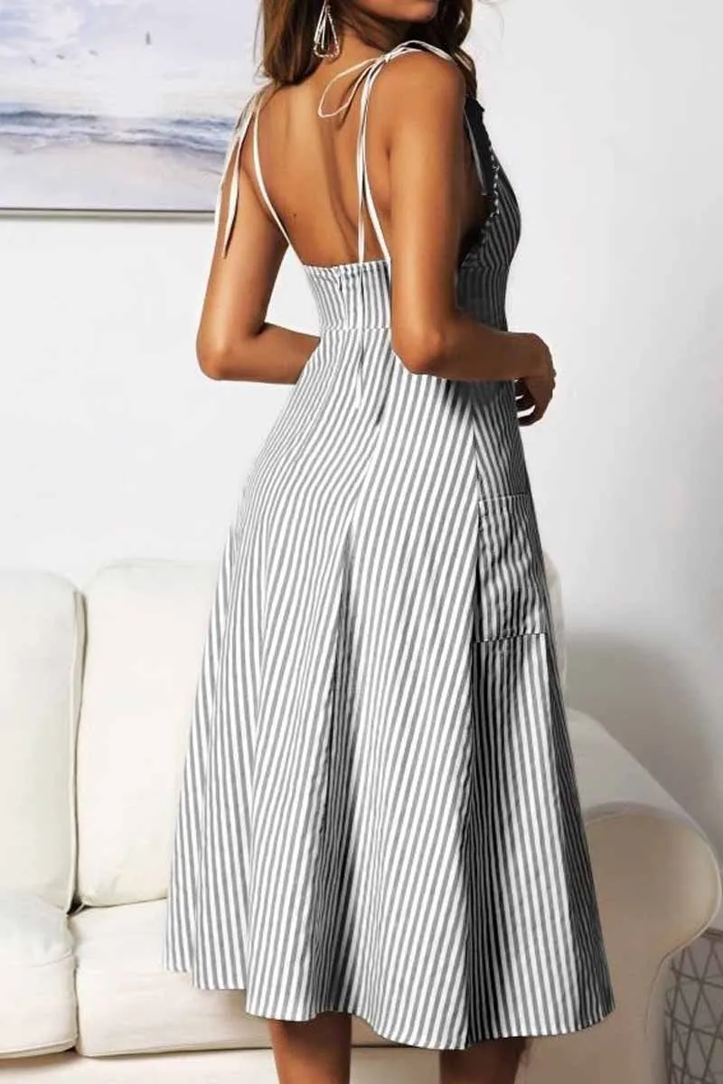 Dunnmall Deep V Neck Button Design Printed Sleeveless Dress