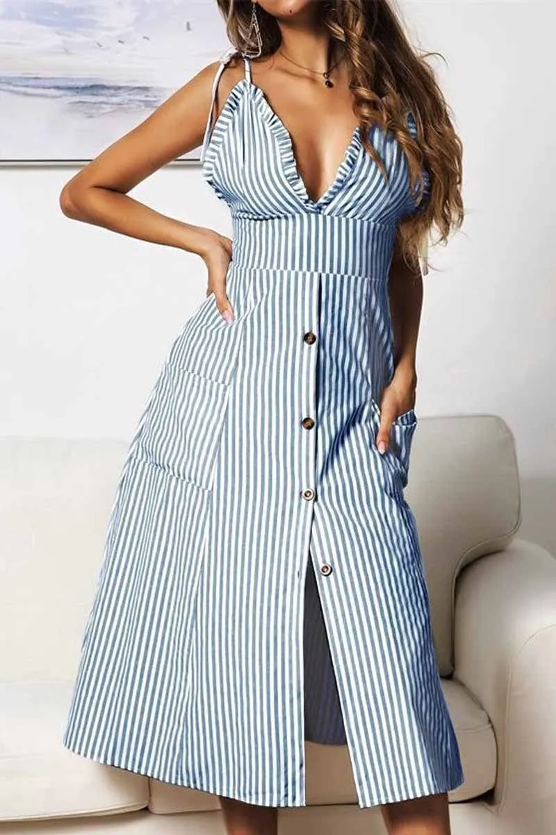 Dunnmall Deep V Neck Button Design Printed Sleeveless Dress