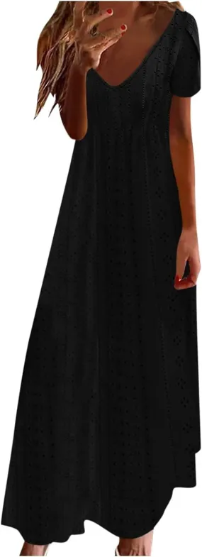 Eyelet Summer Dress for Women 2025 Beach Vacation Maxi Sundress Petal Sleeves Tshirts Dress A Line Flowy Long Dress