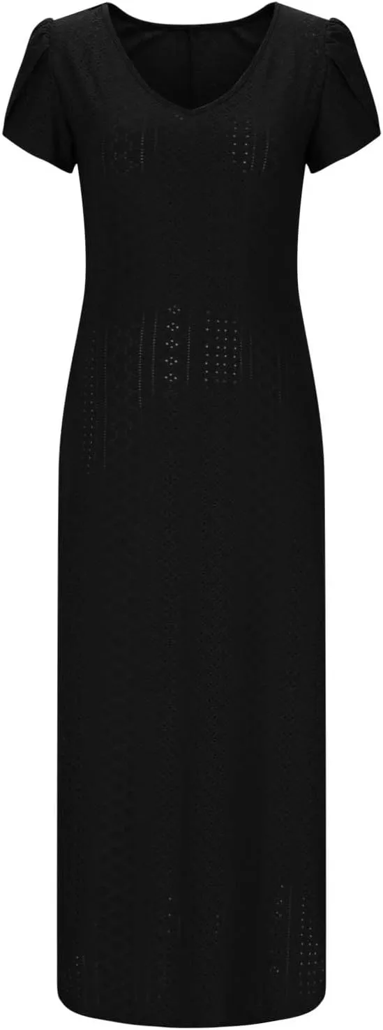 Eyelet Summer Dress for Women 2025 Beach Vacation Maxi Sundress Petal Sleeves Tshirts Dress A Line Flowy Long Dress