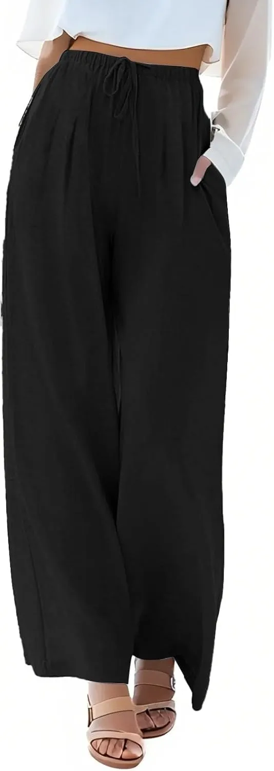 fanmpghleoo Wide Leg Linen Pants for Women Drawstring High Waisted Linen Palazzo Pants Flowy Comfy Lounge Pant with Pockets
