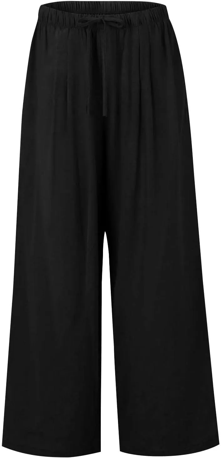 fanmpghleoo Wide Leg Linen Pants for Women Drawstring High Waisted Linen Palazzo Pants Flowy Comfy Lounge Pant with Pockets