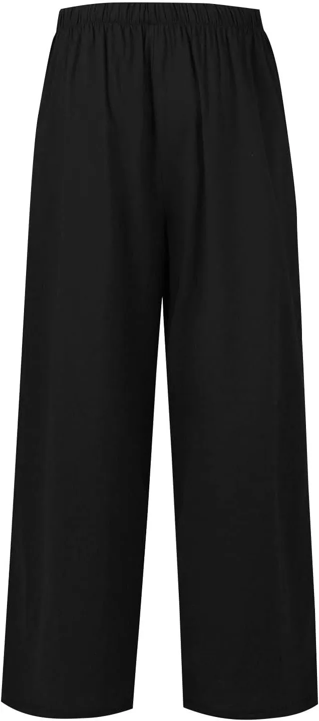 fanmpghleoo Wide Leg Linen Pants for Women Drawstring High Waisted Linen Palazzo Pants Flowy Comfy Lounge Pant with Pockets