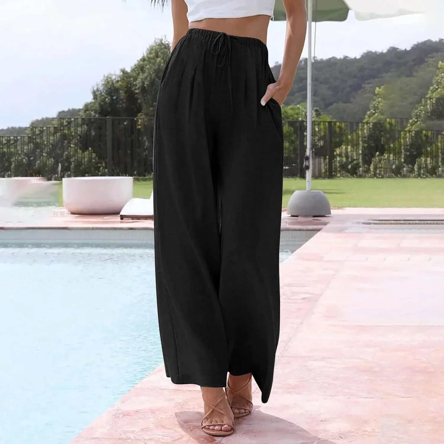 fanmpghleoo Wide Leg Linen Pants for Women Drawstring High Waisted Linen Palazzo Pants Flowy Comfy Lounge Pant with Pockets