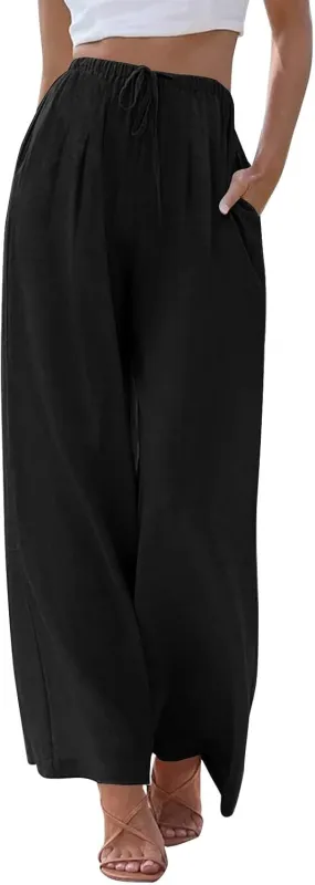 fanmpghleoo Wide Leg Linen Pants for Women Drawstring High Waisted Linen Palazzo Pants Flowy Comfy Lounge Pant with Pockets