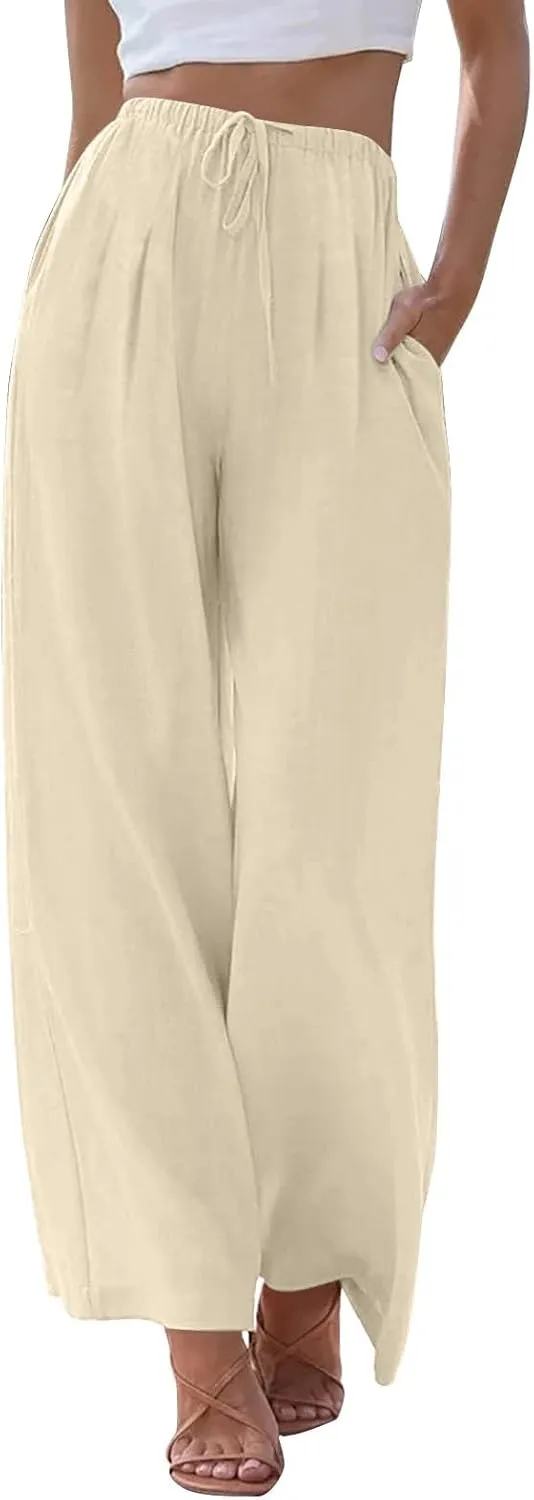 fanmpghleoo Wide Leg Palazzo Pants for Women Casual Drawstring Linen Pants Summer High Waisted Linen Trousers with Pockets