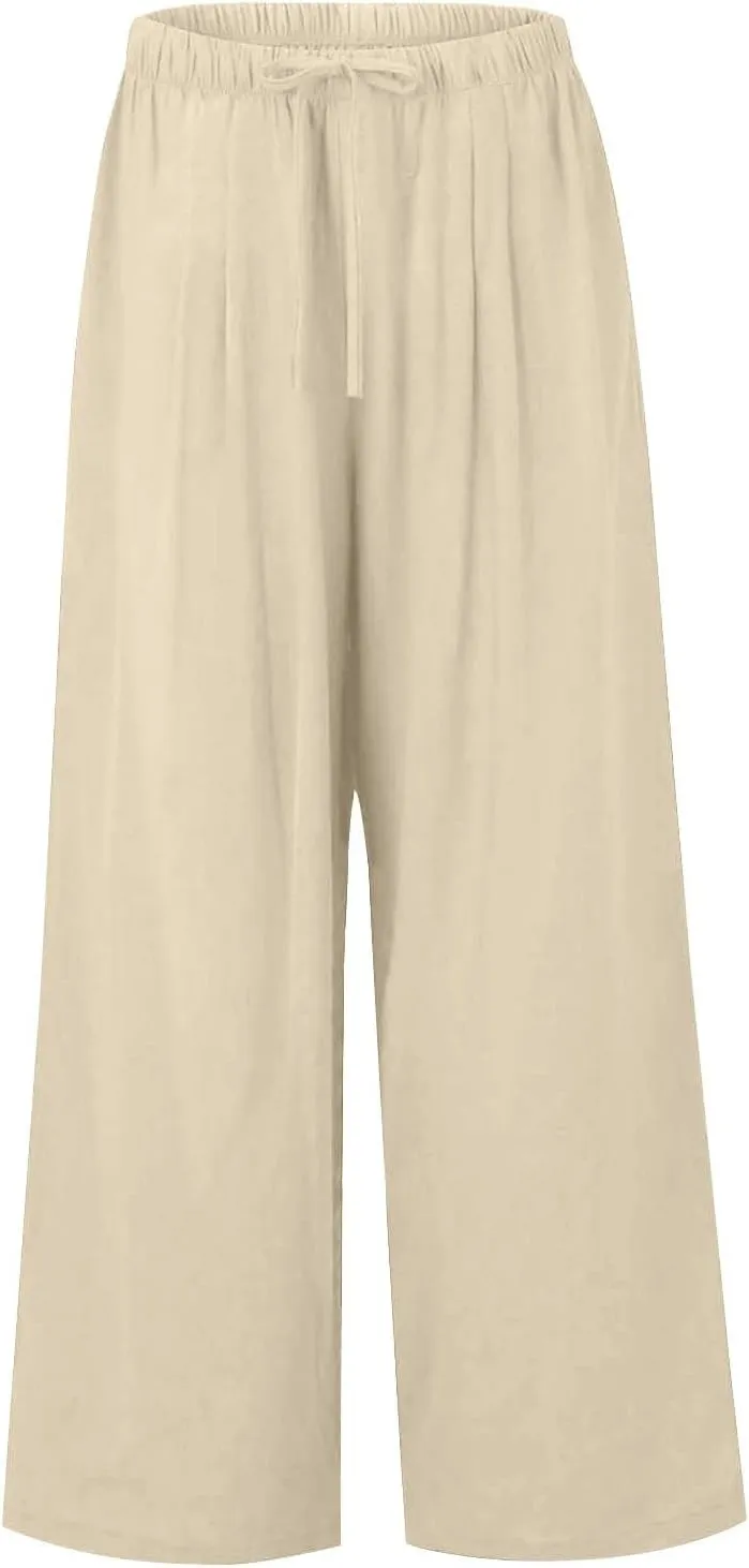 fanmpghleoo Wide Leg Palazzo Pants for Women Casual Drawstring Linen Pants Summer High Waisted Linen Trousers with Pockets