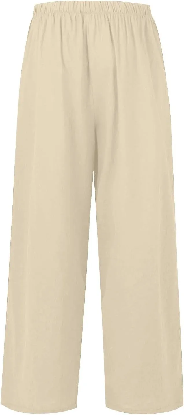 fanmpghleoo Wide Leg Palazzo Pants for Women Casual Drawstring Linen Pants Summer High Waisted Linen Trousers with Pockets