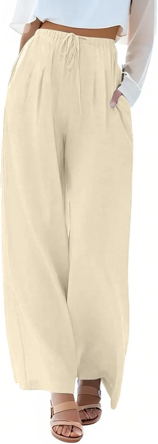 fanmpghleoo Wide Leg Palazzo Pants for Women Casual Drawstring Linen Pants Summer High Waisted Linen Trousers with Pockets