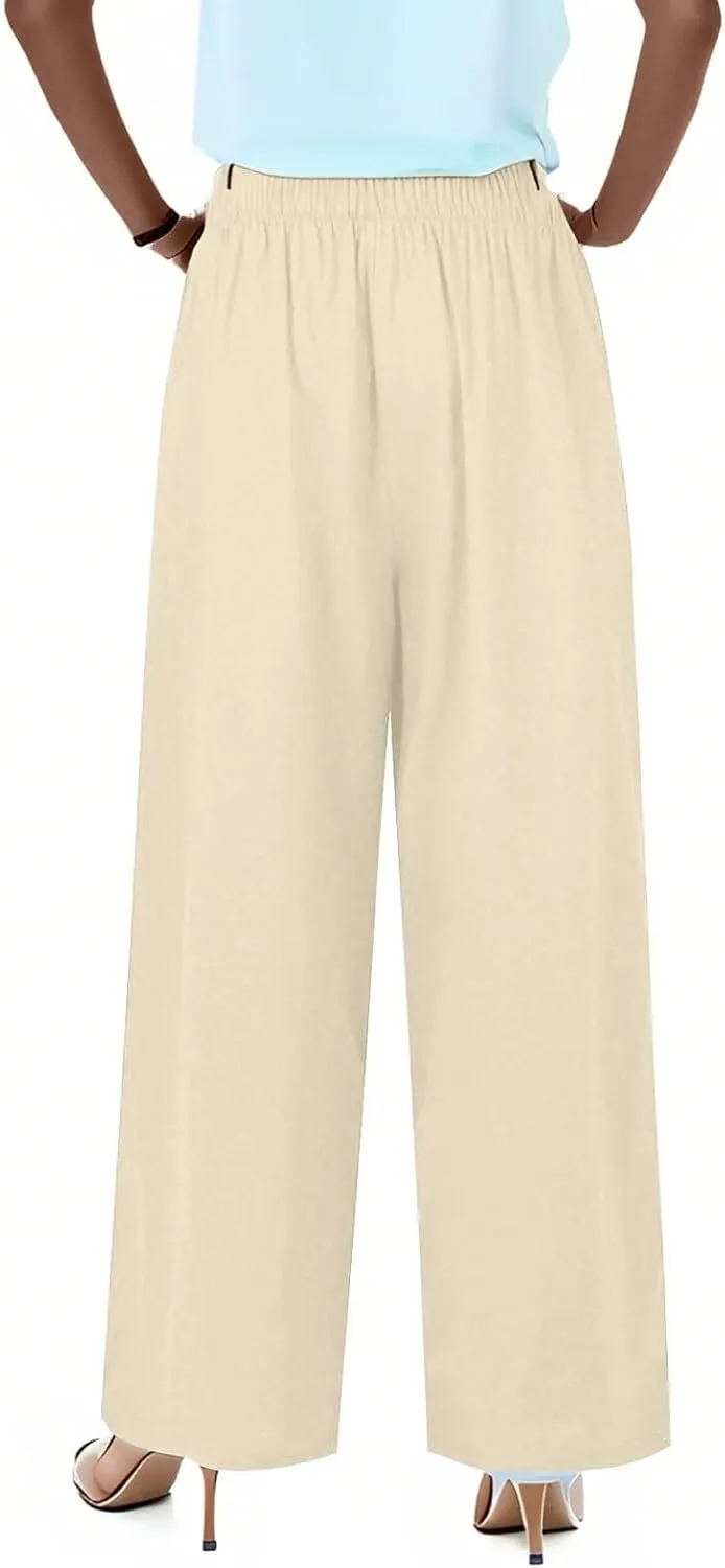 fanmpghleoo Wide Leg Palazzo Pants for Women Casual Drawstring Linen Pants Summer High Waisted Linen Trousers with Pockets