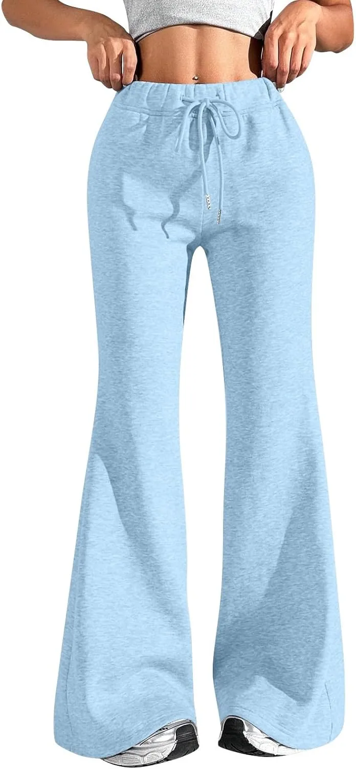 Flare Wide Leg Sweatpants Women Fleece Drawstring Low Rise Jogger Pants Cute Bell Bottom Sweat Pants with Pockets