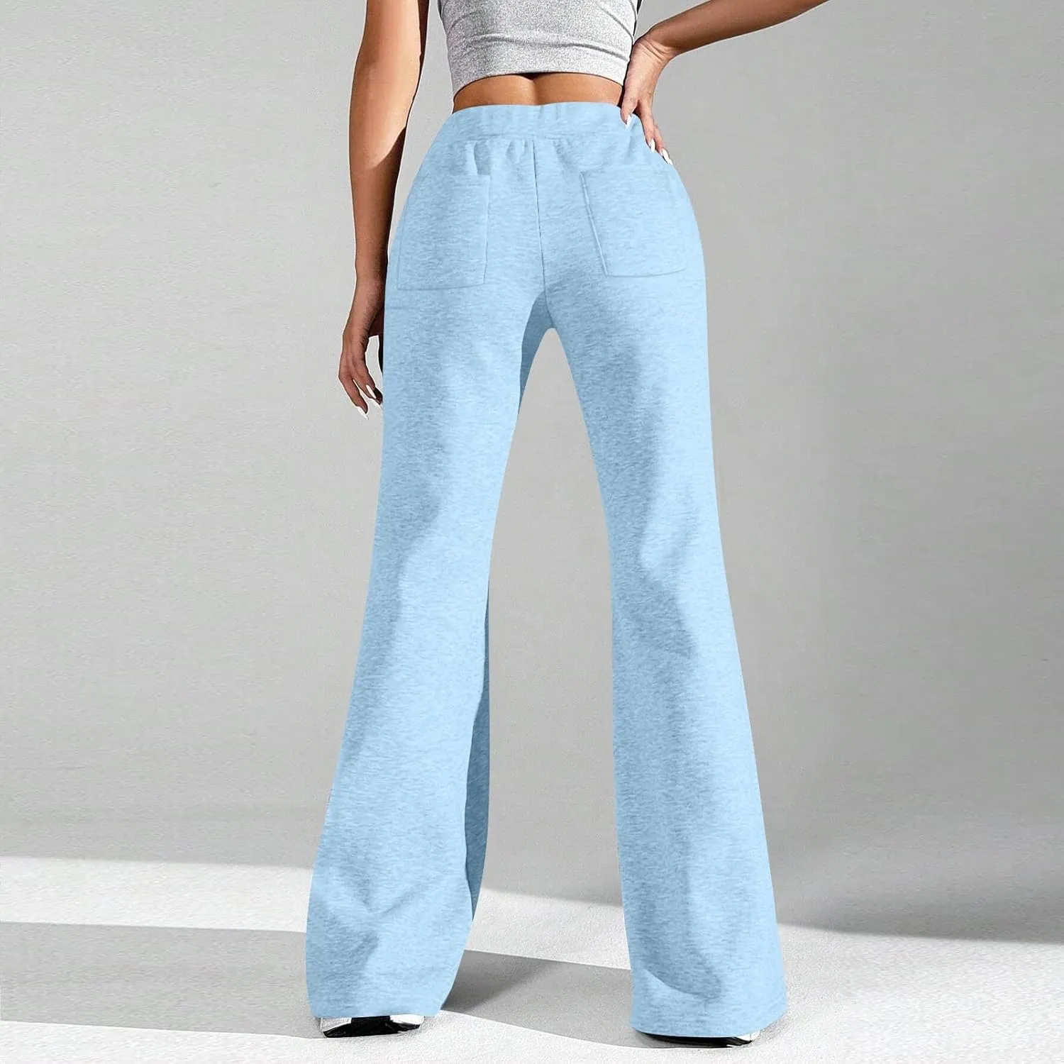 Flare Wide Leg Sweatpants Women Fleece Drawstring Low Rise Jogger Pants Cute Bell Bottom Sweat Pants with Pockets