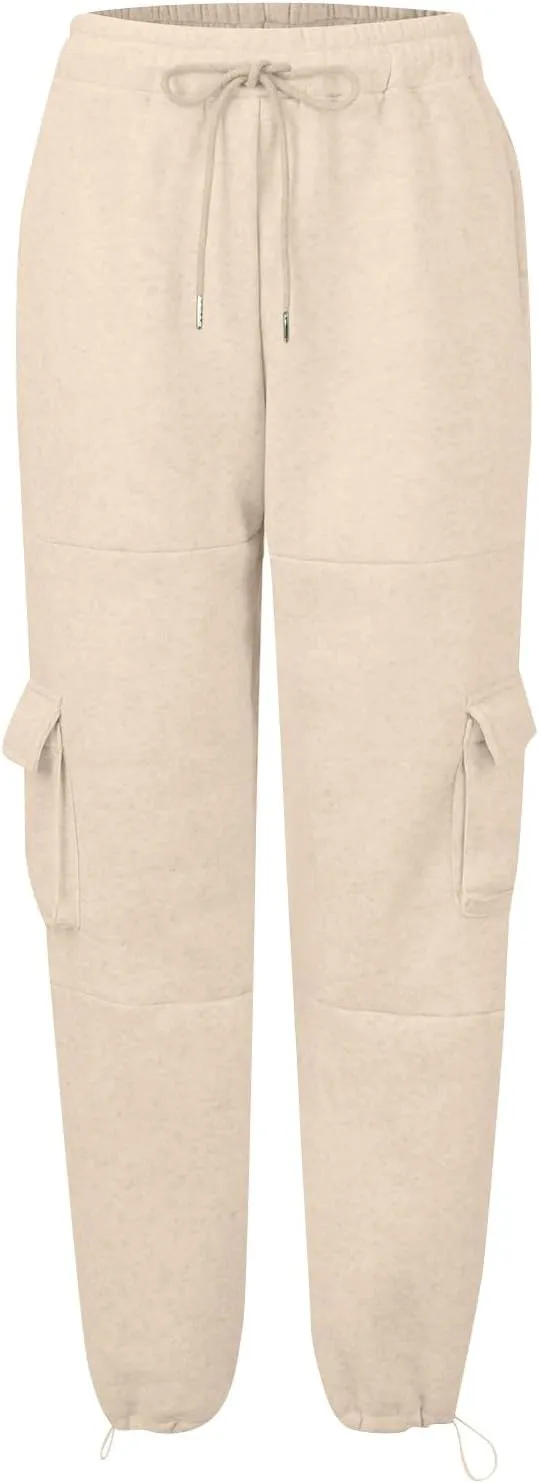 Fleece Cargo Joggers for Women Baggy Straight Leg Sweatpants Drawstring Cinch Bottom High Waisted Pants with Pockets
