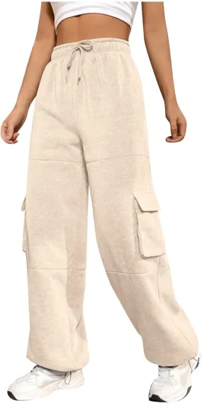 Fleece Cargo Joggers for Women Baggy Straight Leg Sweatpants Drawstring Cinch Bottom High Waisted Pants with Pockets