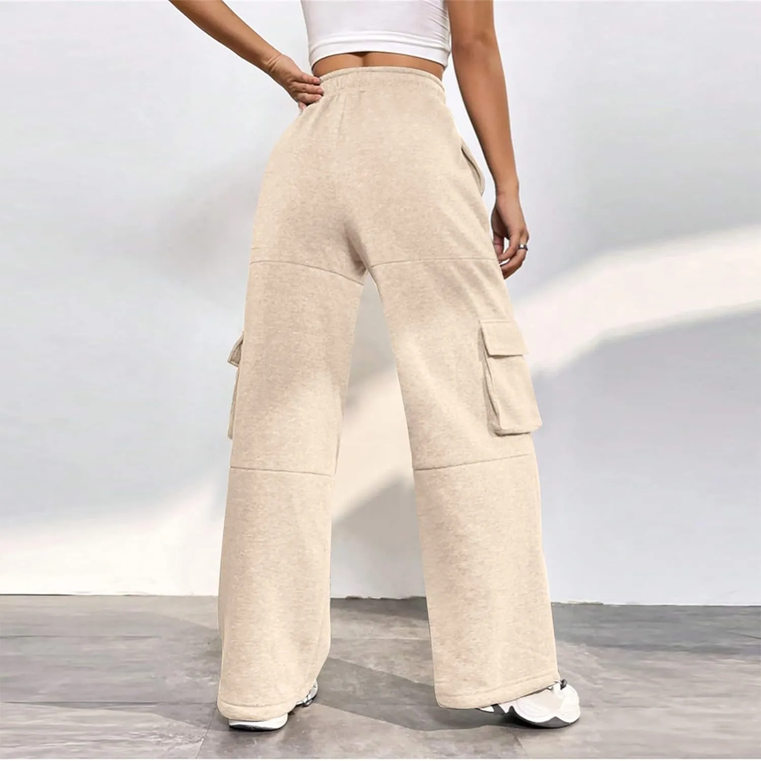 Fleece Cargo Joggers for Women Baggy Straight Leg Sweatpants Drawstring Cinch Bottom High Waisted Pants with Pockets
