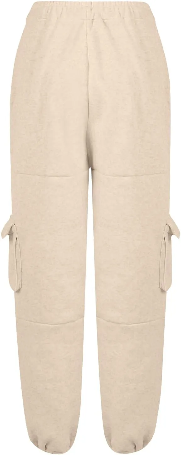 Fleece Cargo Joggers for Women Baggy Straight Leg Sweatpants Drawstring Cinch Bottom High Waisted Pants with Pockets