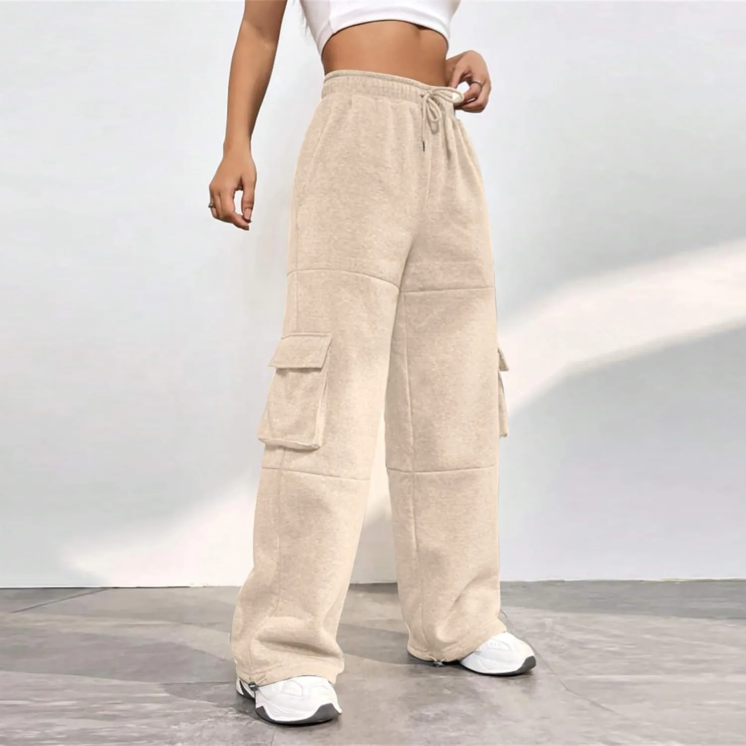 Fleece Cargo Joggers for Women Baggy Straight Leg Sweatpants Drawstring Cinch Bottom High Waisted Pants with Pockets