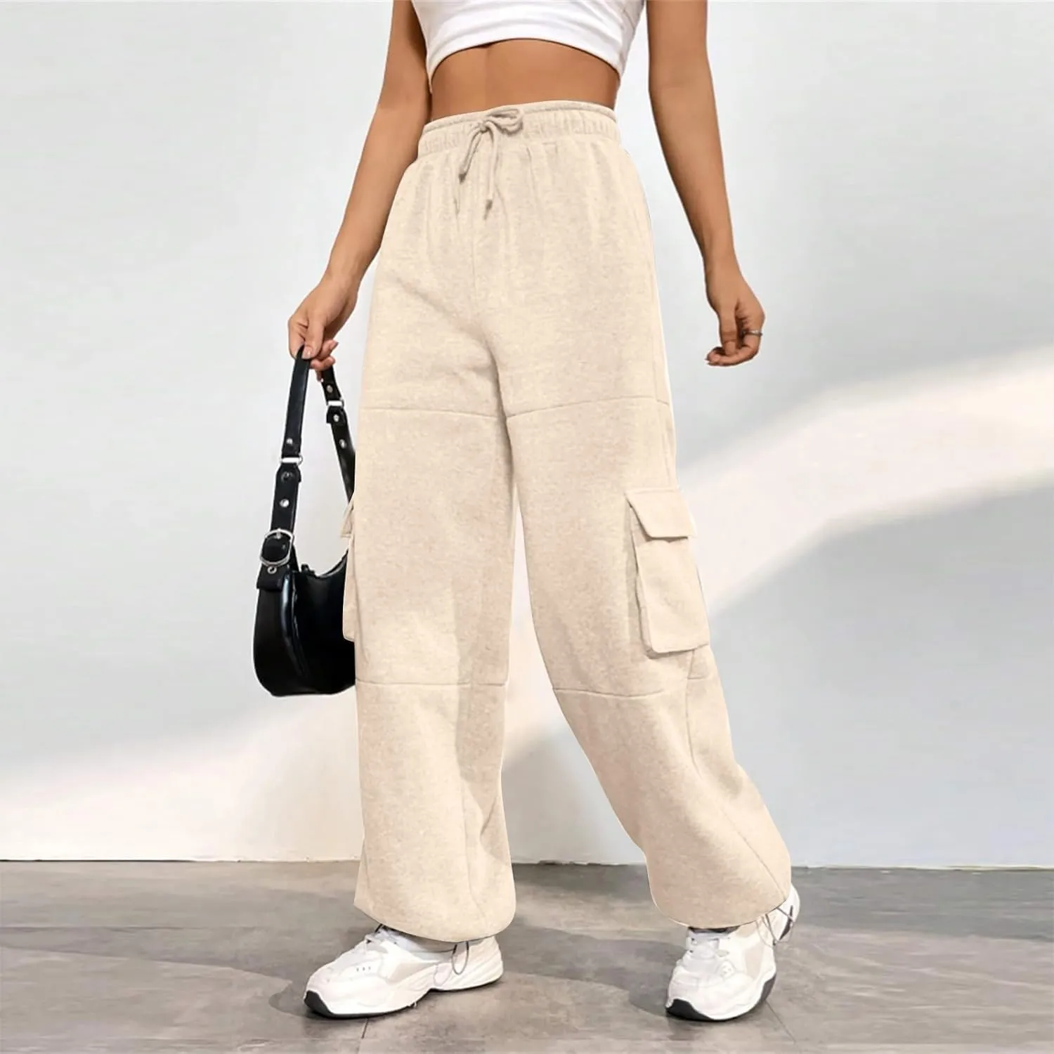 Fleece Cargo Joggers for Women Baggy Straight Leg Sweatpants Drawstring Cinch Bottom High Waisted Pants with Pockets