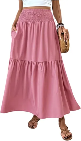 Floral Skirts for Women Summer Loose Casual Trendy Solid Elastic Waist Lightweight Boho Flowy Maxi Skirt, S-XL