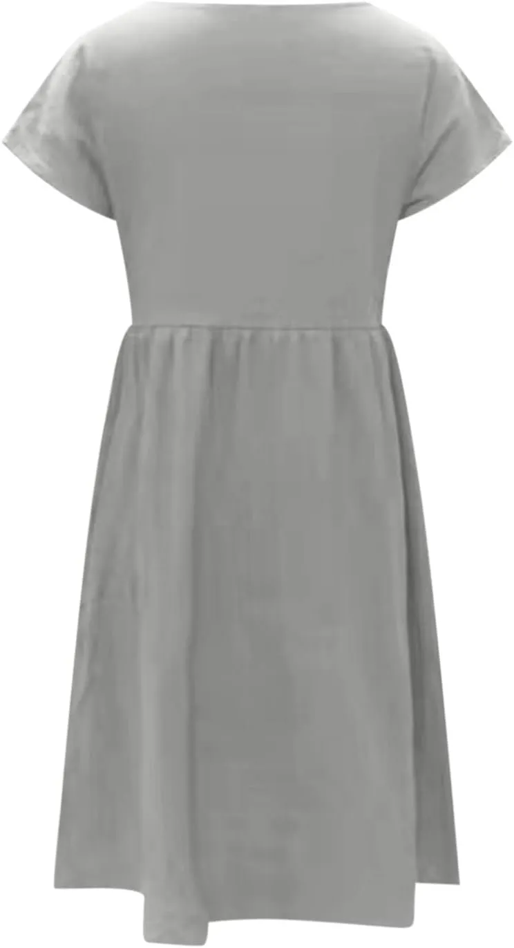 FZYLQY Women Summer Dresses Cotton Linen Short Sleeve Dress Crew Neck Loose Midi Dress Casual Tunic Beach Dress with Pockets