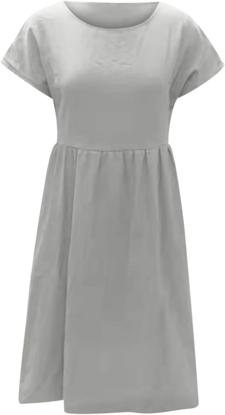 FZYLQY Women Summer Dresses Cotton Linen Short Sleeve Dress Crew Neck Loose Midi Dress Casual Tunic Beach Dress with Pockets