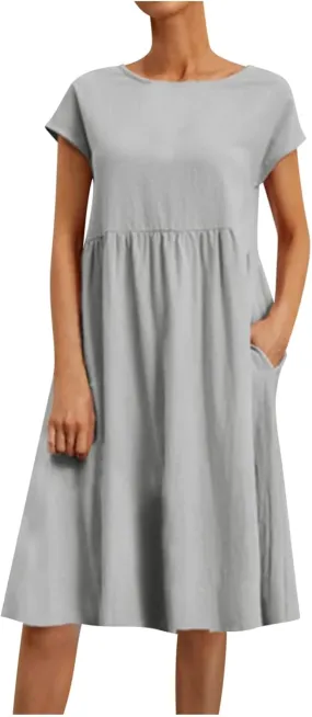 FZYLQY Women Summer Dresses Cotton Linen Short Sleeve Dress Crew Neck Loose Midi Dress Casual Tunic Beach Dress with Pockets